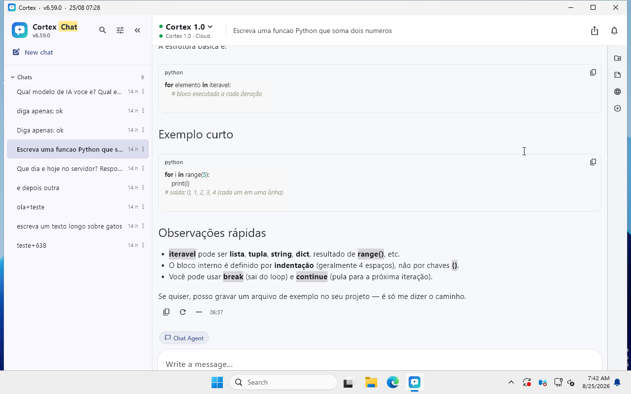 Resposta com código no Cortex para Windows