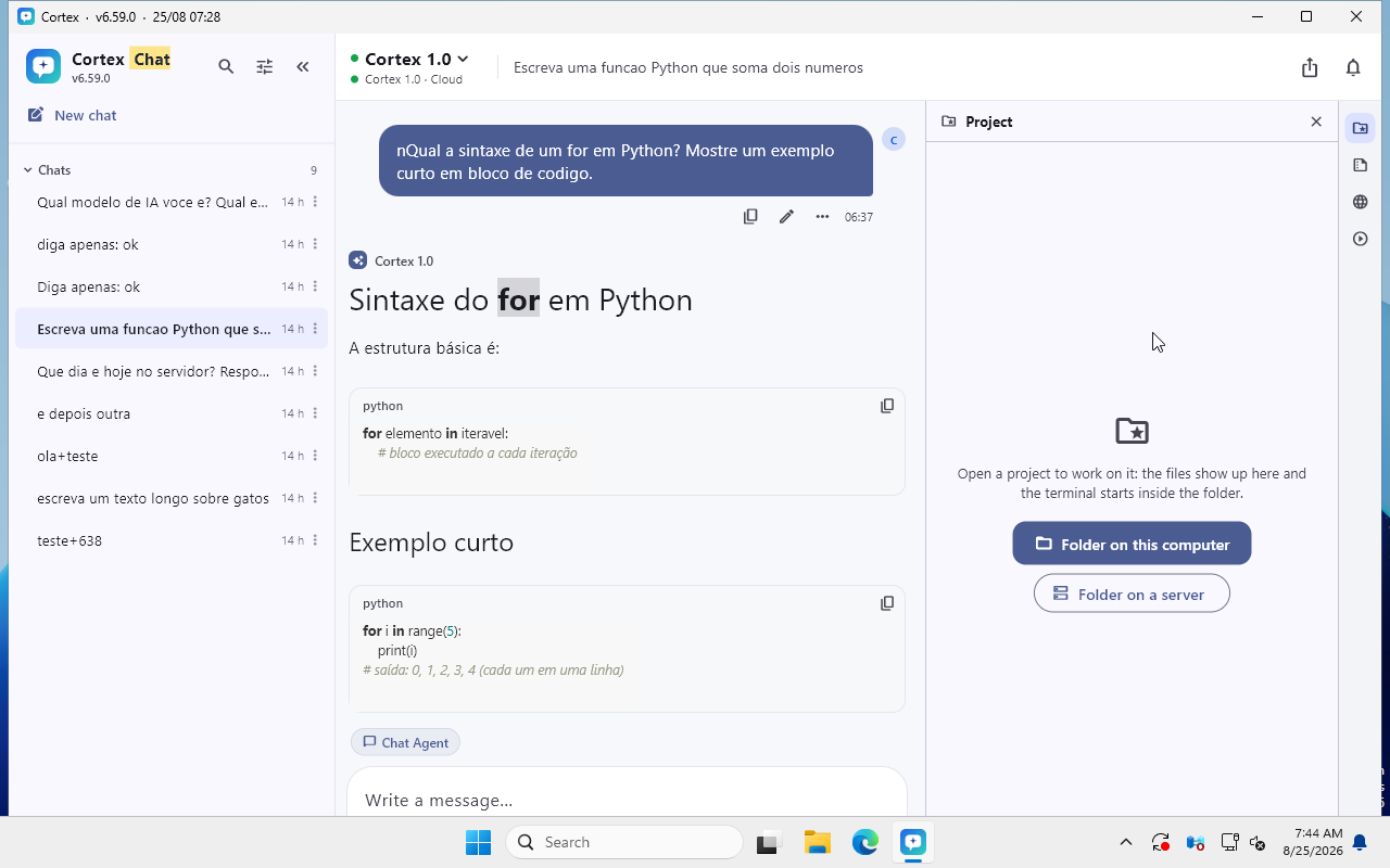 Projeto aberto no Cortex para Windows