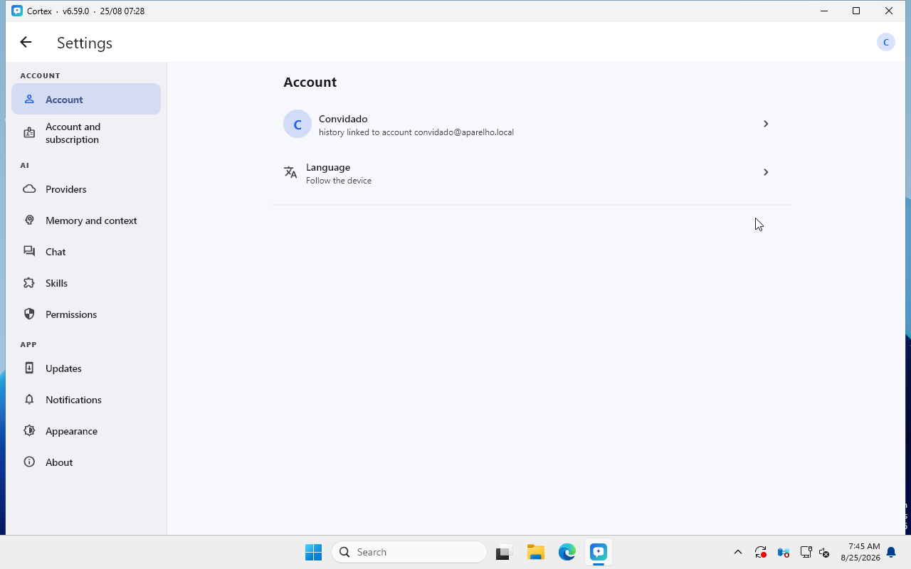 Configurações e permissões do Cortex para Windows