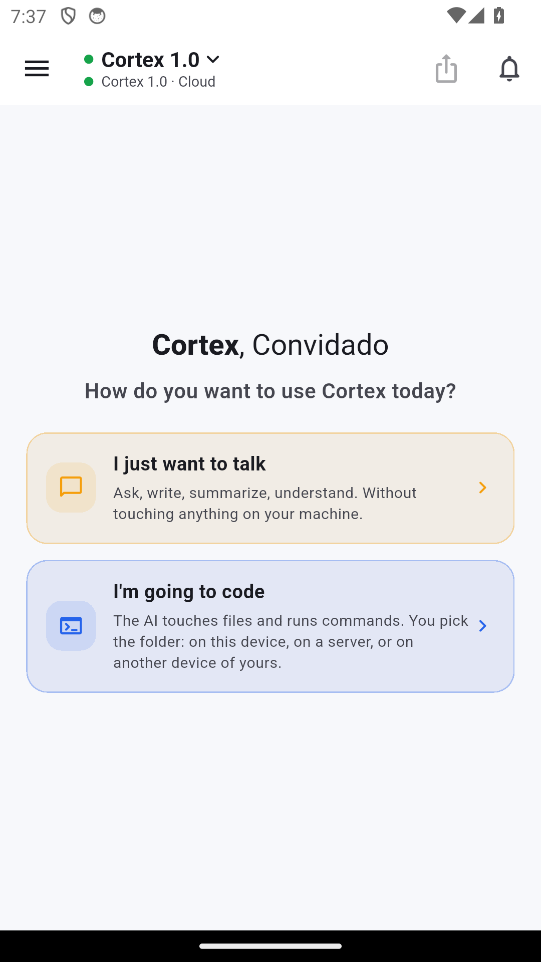 Tela inicial do Cortex no Android