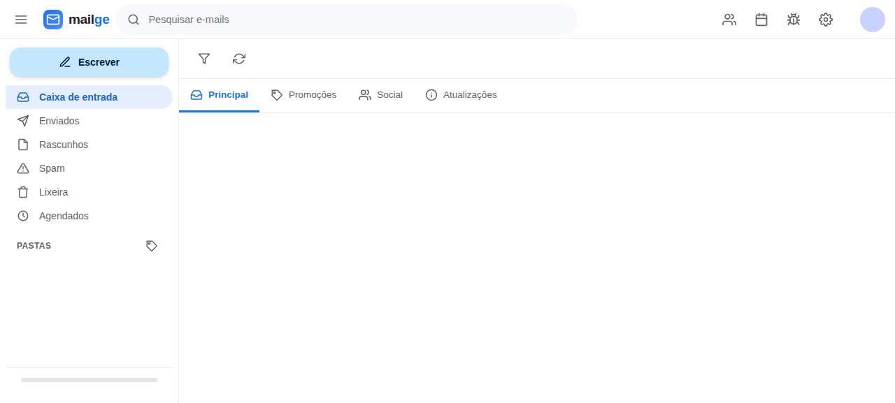 Interface do MailGe sem dados de caixa postal