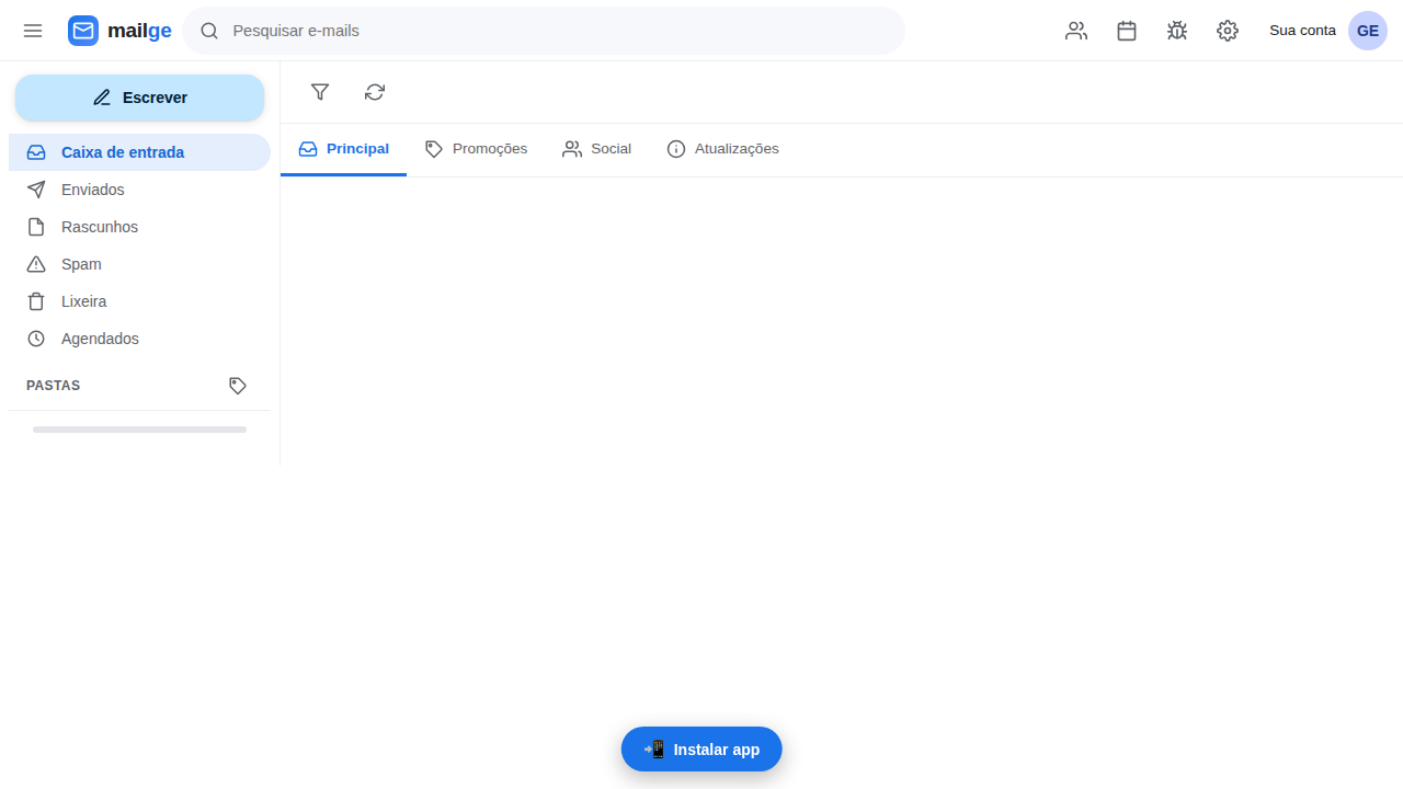 Interface real do MailGe com caixa postal sem mensagens