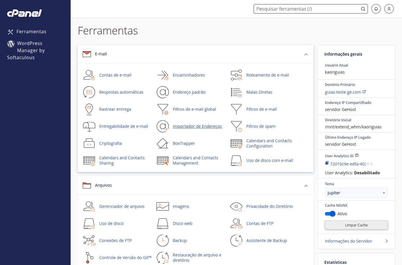 Painel inicial do cPanel, seção E-mail