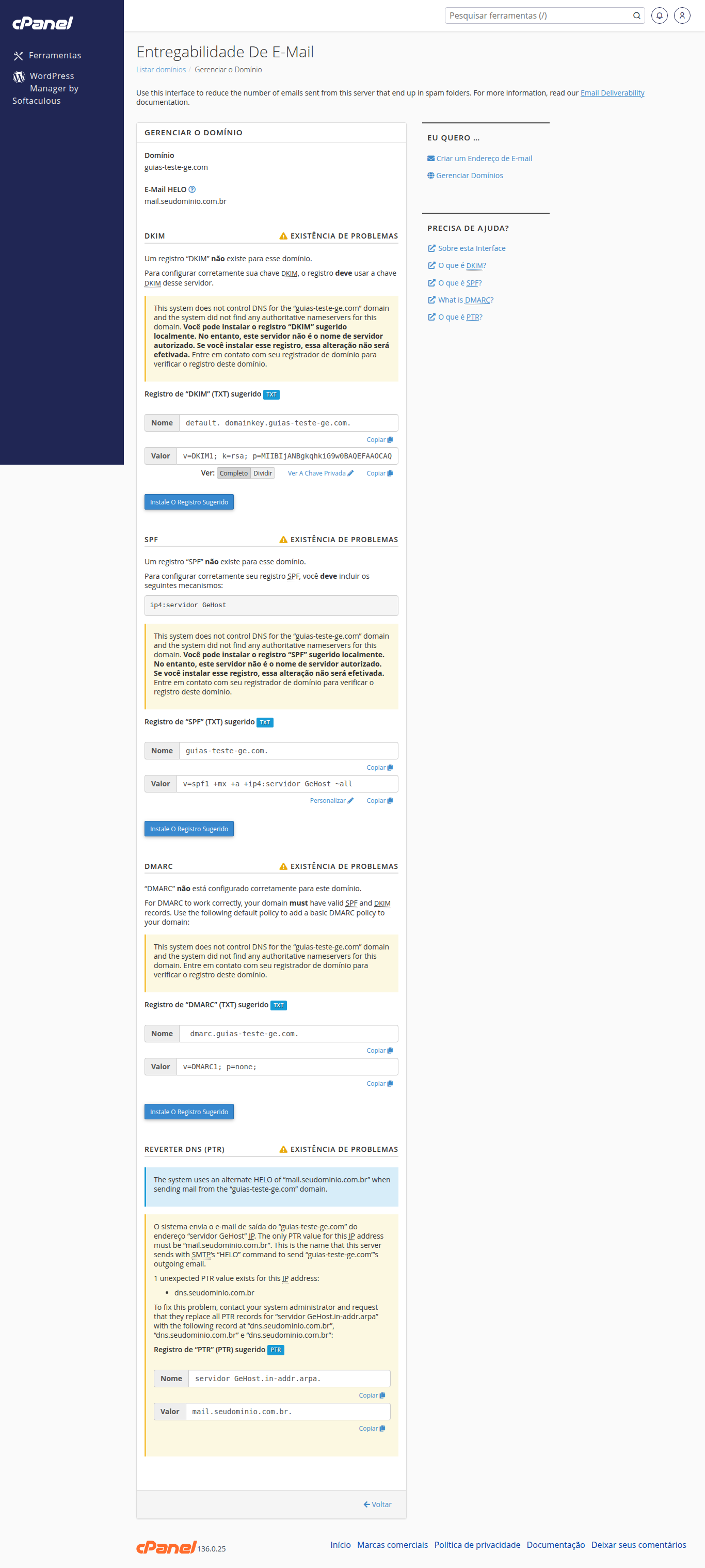 Registros DKIM, SPF e DMARC sugeridos