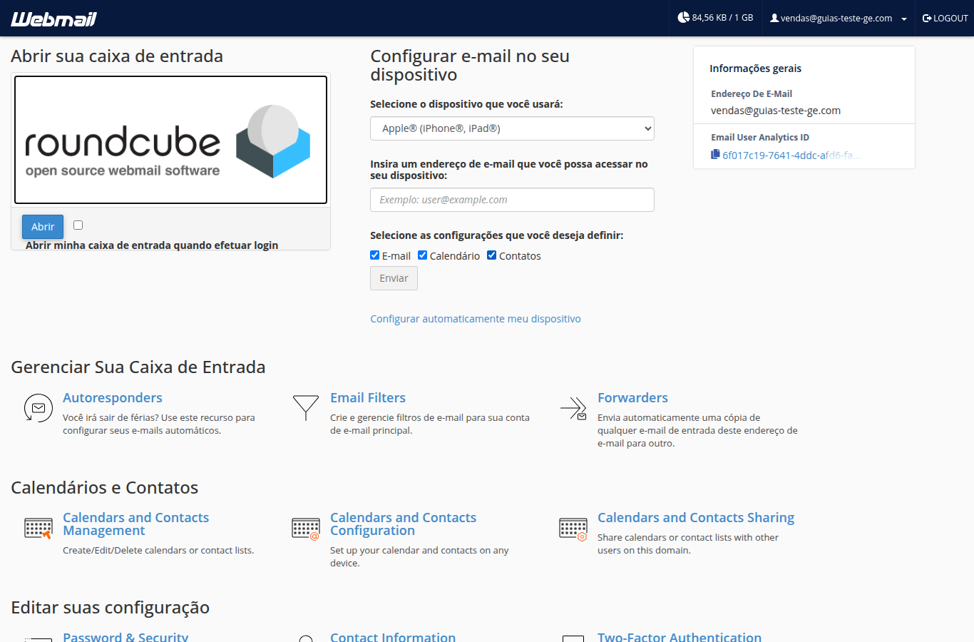Página inicial do webmail com a opção Abrir
