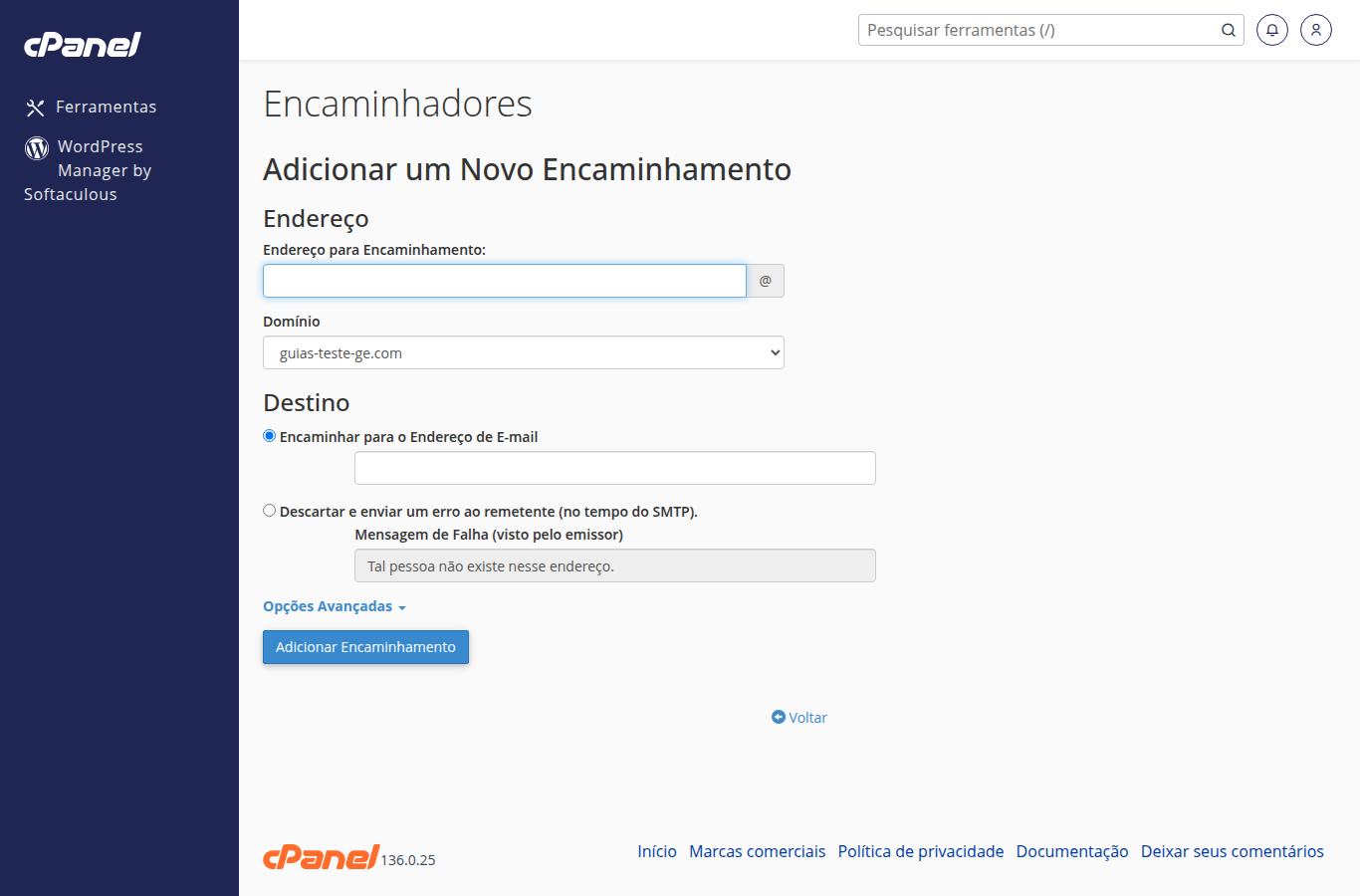 Formulário de novo encaminhamento em branco