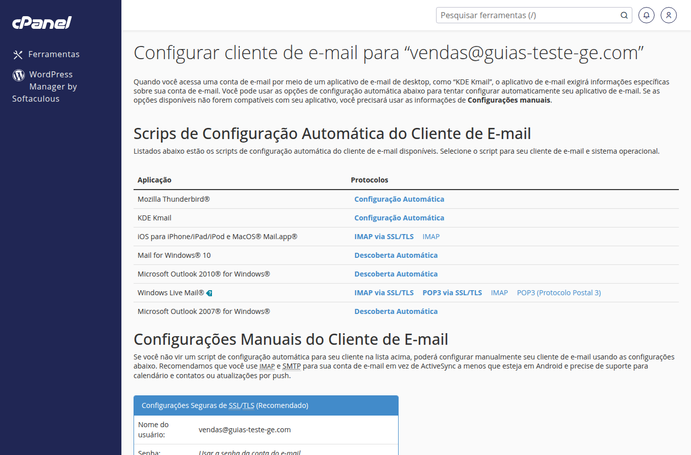Tela Configurar cliente de e-mail com scripts automáticos