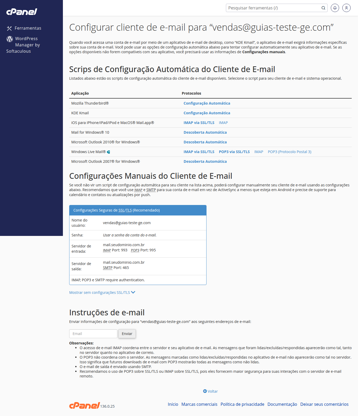 Quadro de configurações manuais SSL/TLS com servidor e portas