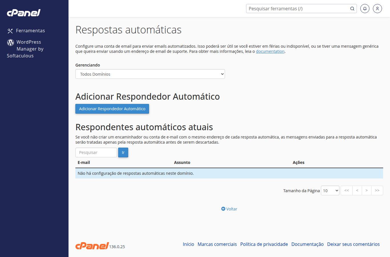 Página de Respostas automáticas com o botão Adicionar