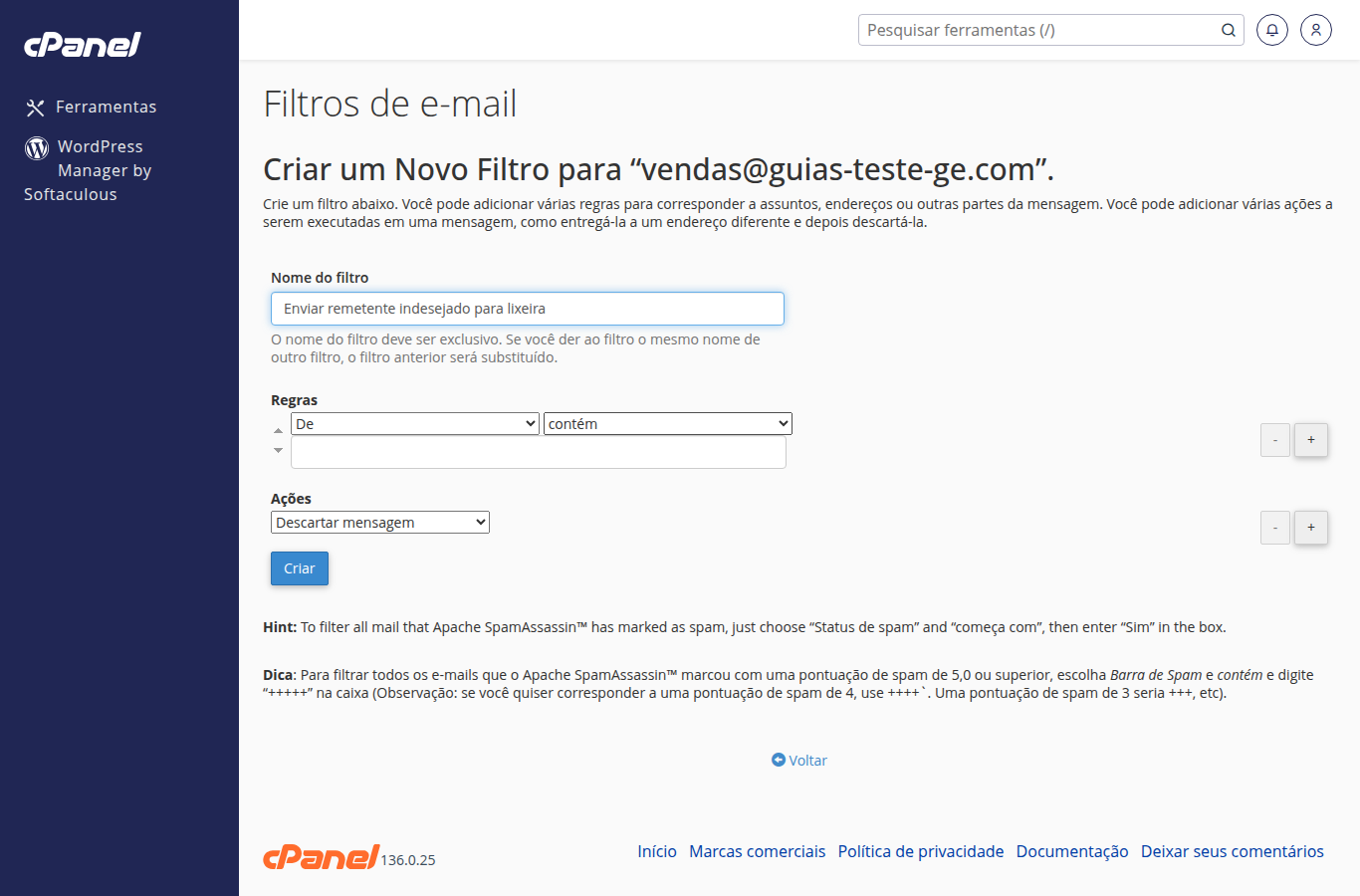 Formulário de criação de filtro