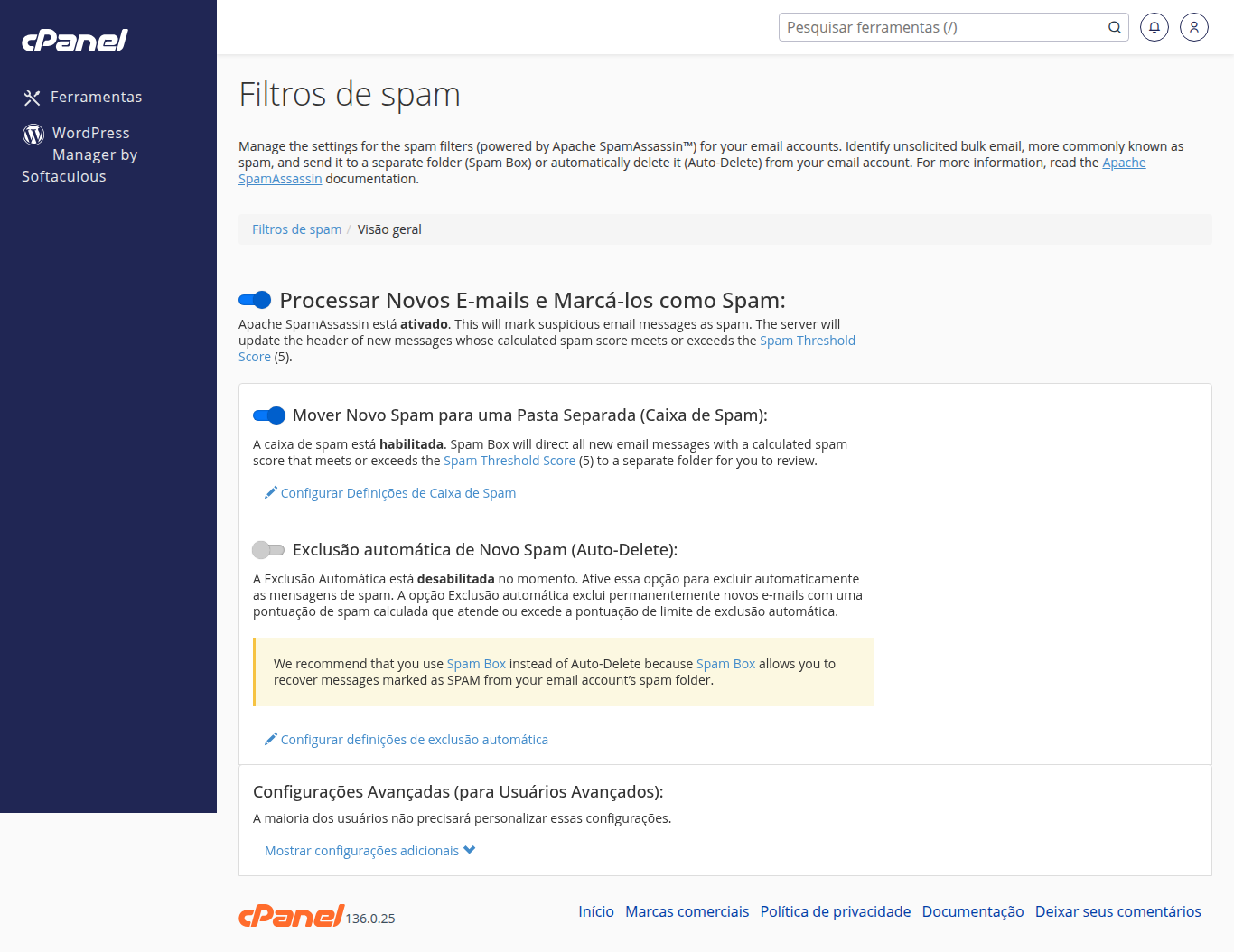 Tela de Filtros de spam (SpamAssassin)