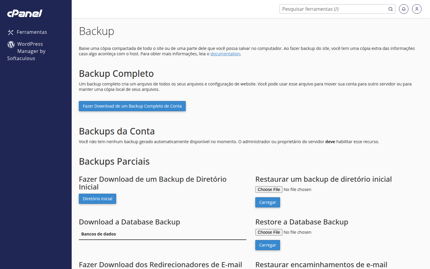 Tela do cPanel com opções de Backup: Backup Completo, backups da conta e backups parciais