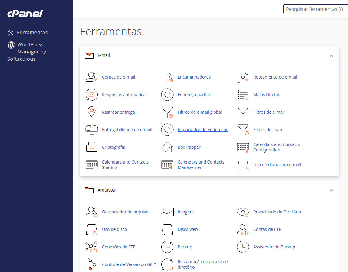 Tela inicial do cPanel com os grupos de ferramentas, incluindo Suporte