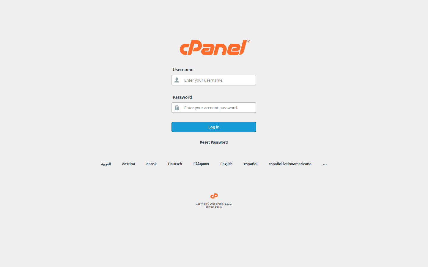 Tela de LOGIN do cPanel com campos Usuário e Senha, e botão Log in