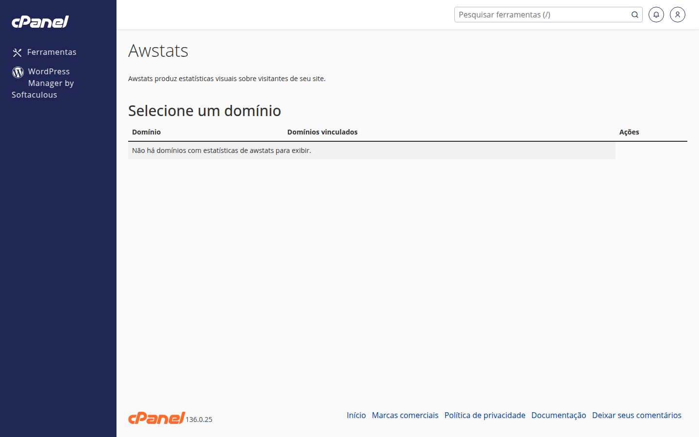 Tela de Métricas/estatísticas de visitantes (Awstats) — seleção de domínio