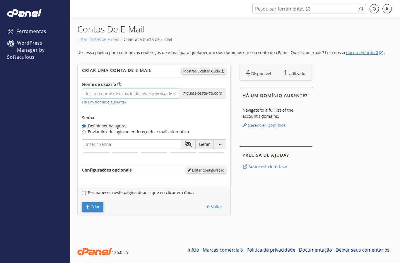 Formulário de criação de conta de e-mail em branco