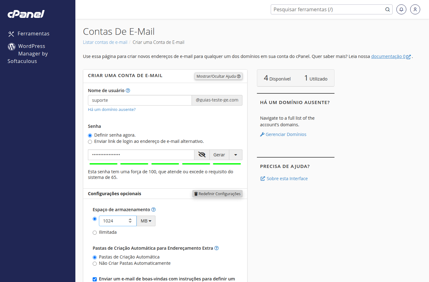 Formulário preenchido com usuário, senha forte e cota