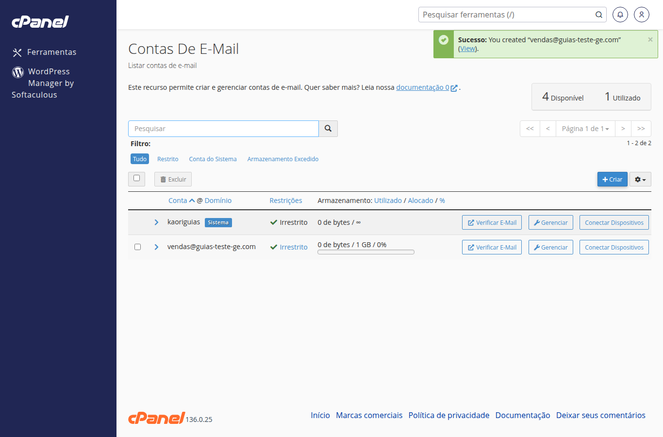 Mensagem de sucesso: conta criada