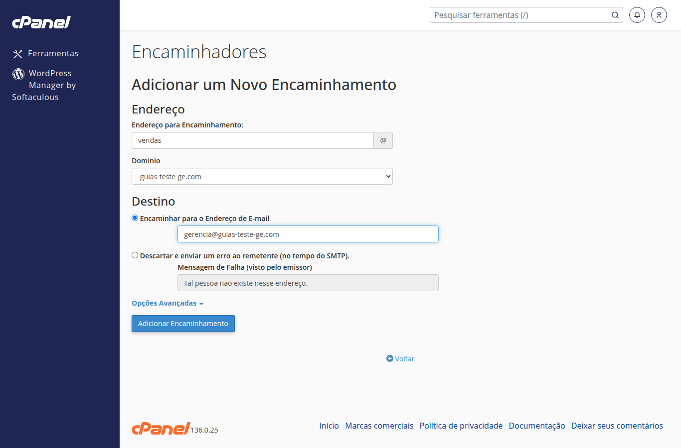 Formulário preenchido: origem vendas, destino gerencia