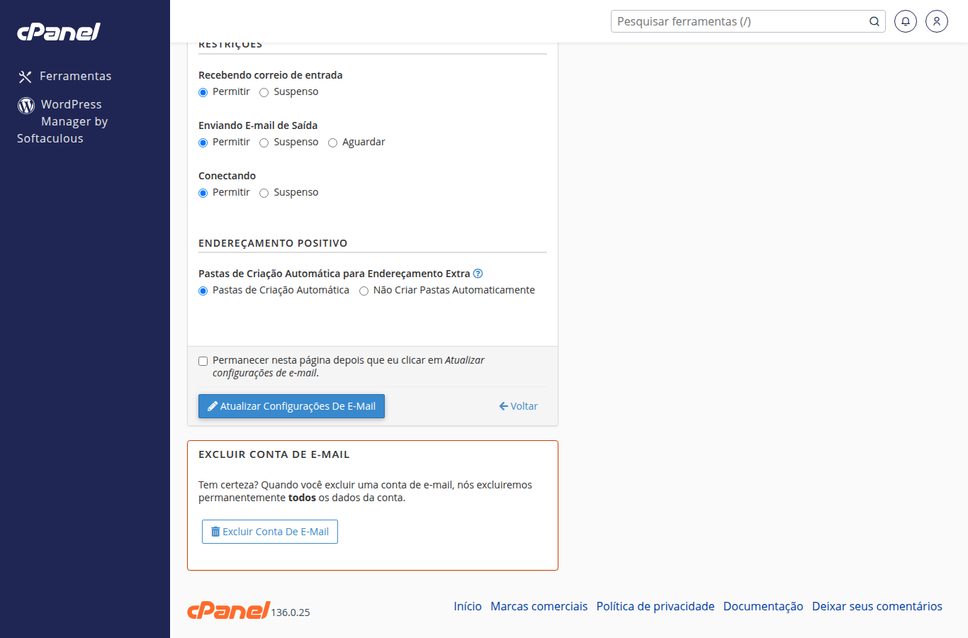 Botão Atualizar Configurações De E-Mail