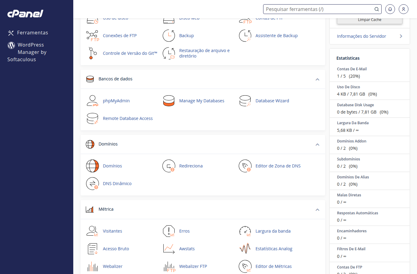 Seções do cPanel: E-mail, Arquivos e mais