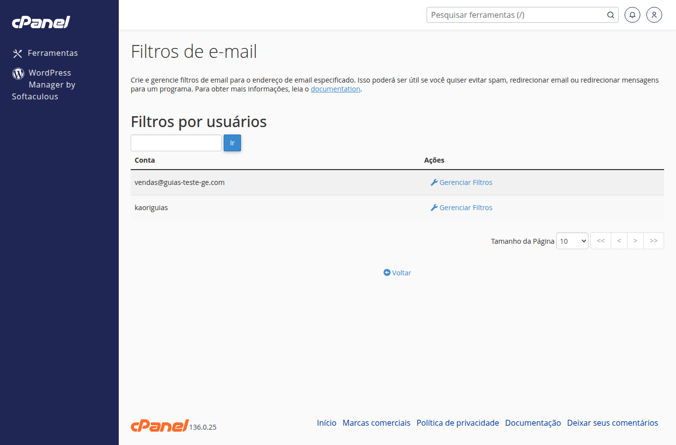 Lista de contas em Filtros de e-mail