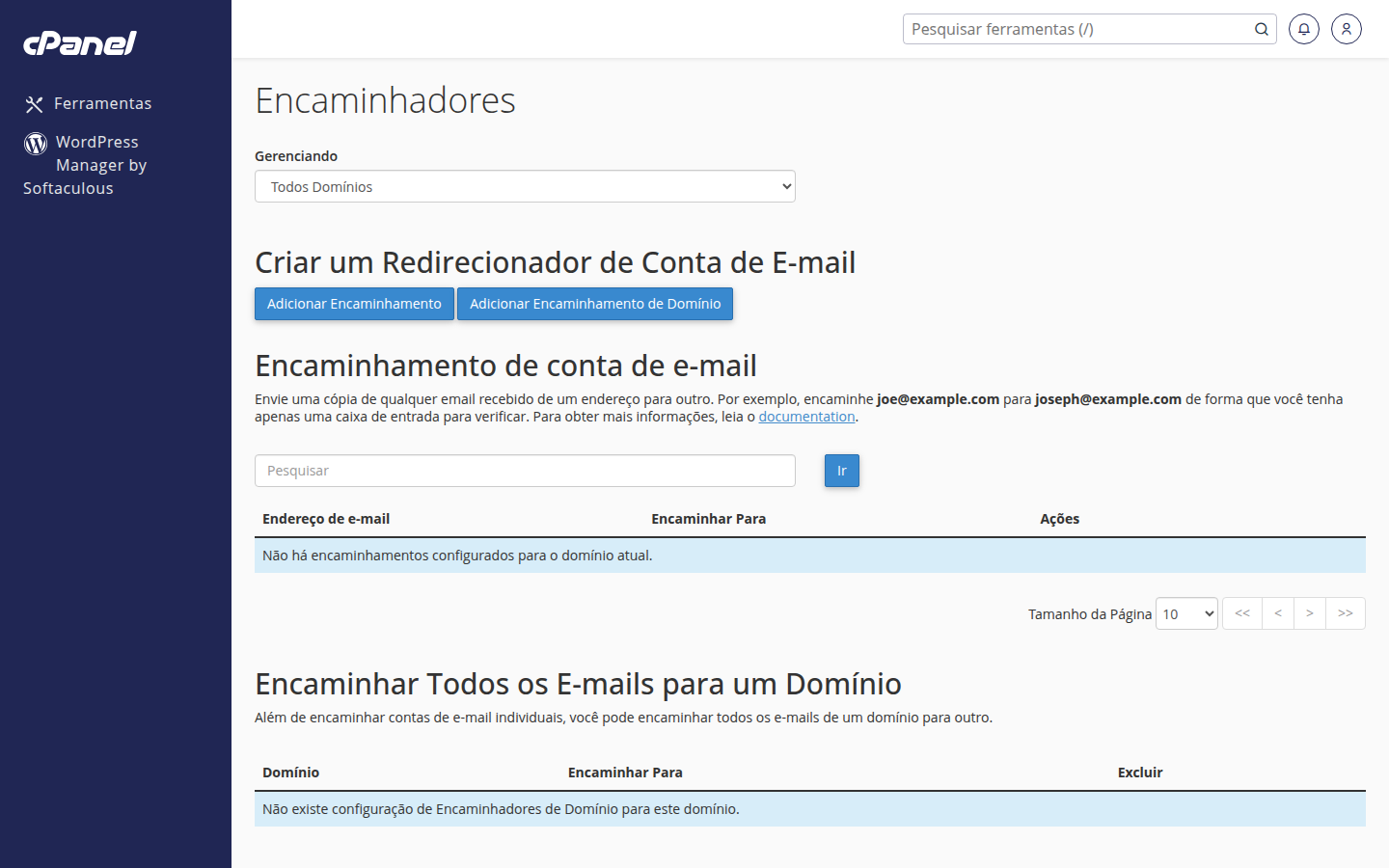 Tela 'Encaminhadores' no cPanel — opção para adicionar redirecionamento de e-mail