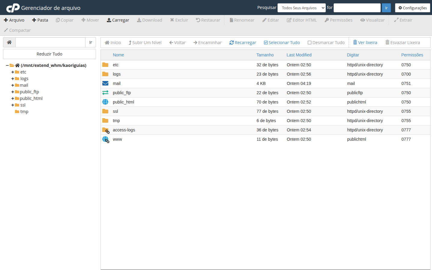 Tela do Gerenciador de Arquivos do cPanel com árvore de pastas e barra de ações