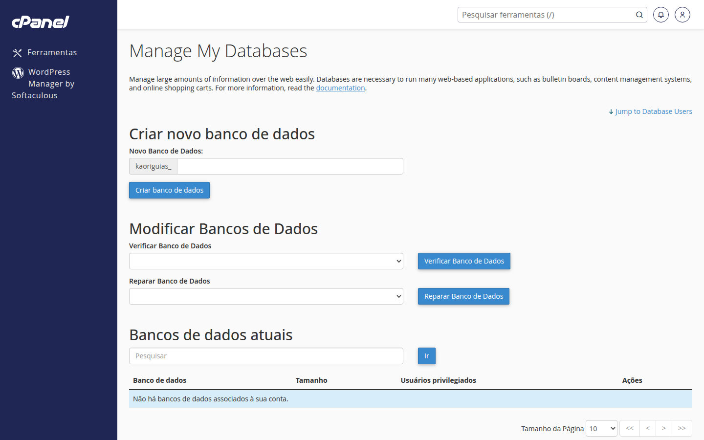 Tela 'Bancos de Dados MySQL' — criar novo banco, modificar e usuários de banco