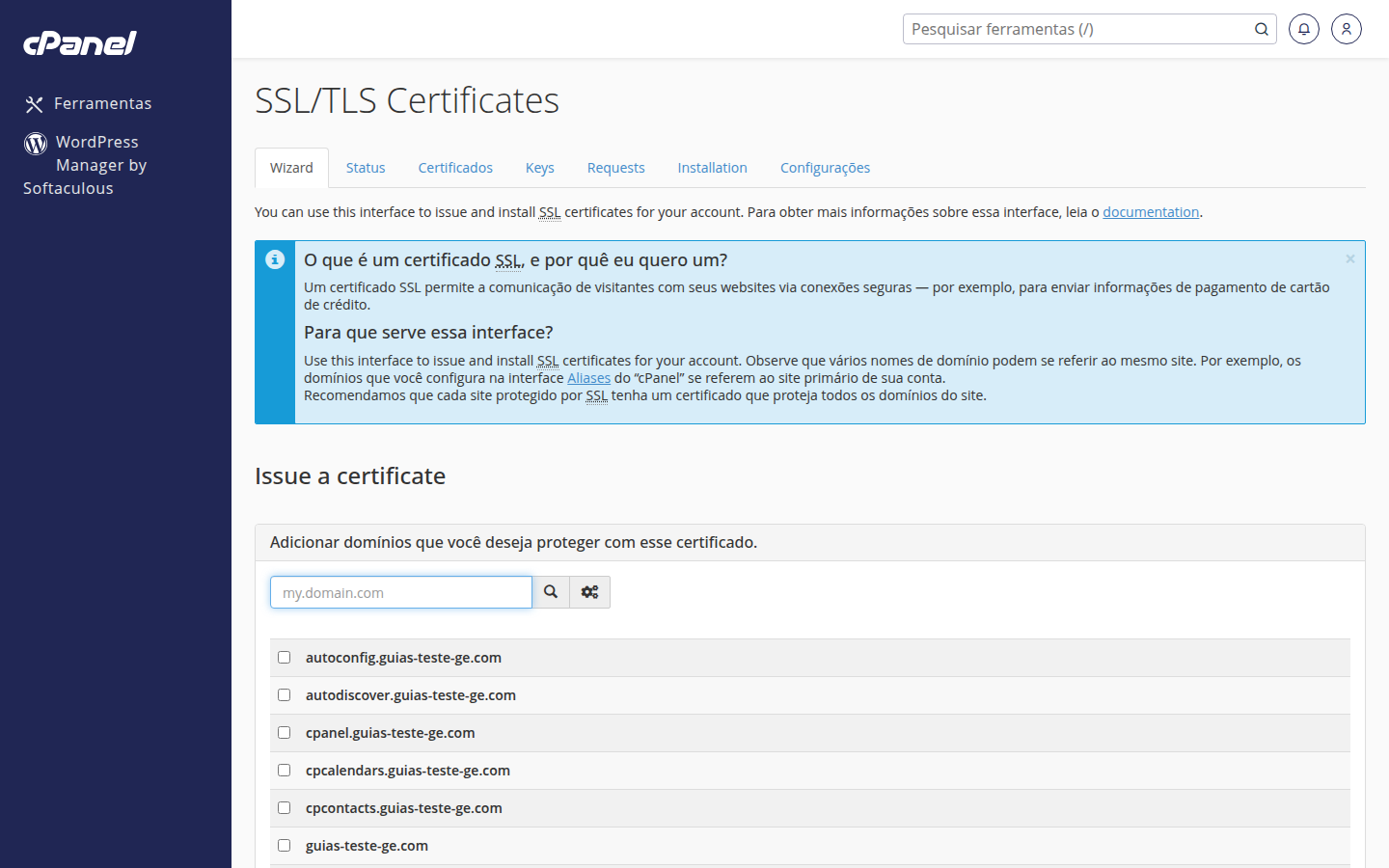Tela de SSL/TLS Certificates no cPanel, usada como exemplo para localizar ferramentas de segurança